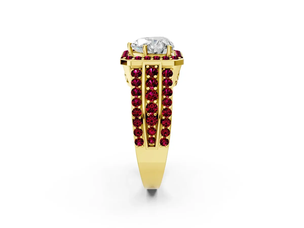 Heart Cut Halo Diamond Ring with Round Garnet Split Shank and Prong Setting Yellow gold