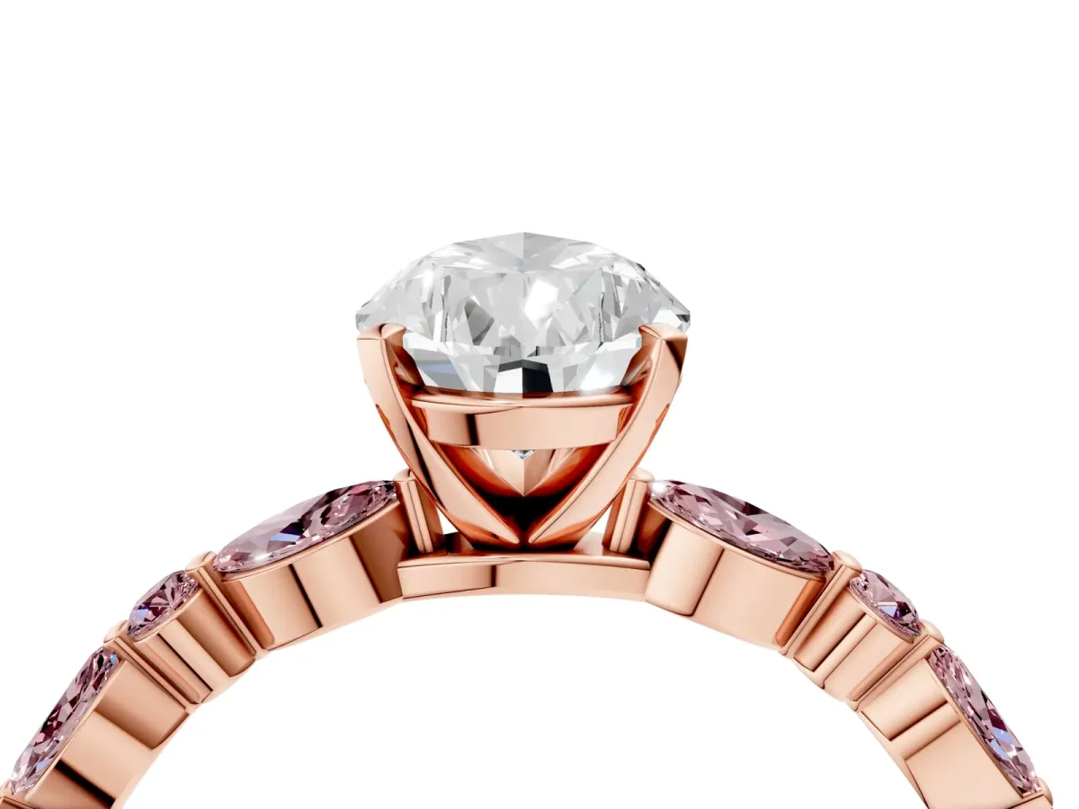 Pear Cut Diamond Ring with Marquise and Round Morganite Side Stones and Four-Prong Setting Rose gold
