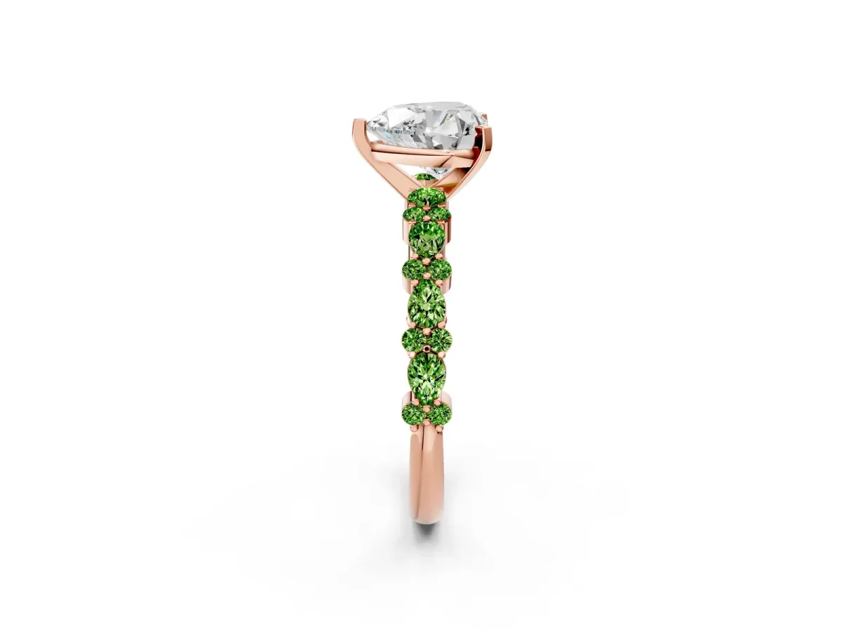 Heart Cut Diamond Side Stone Solitaire Ring with Round Peridot and Four-Prong Setting Rose gold