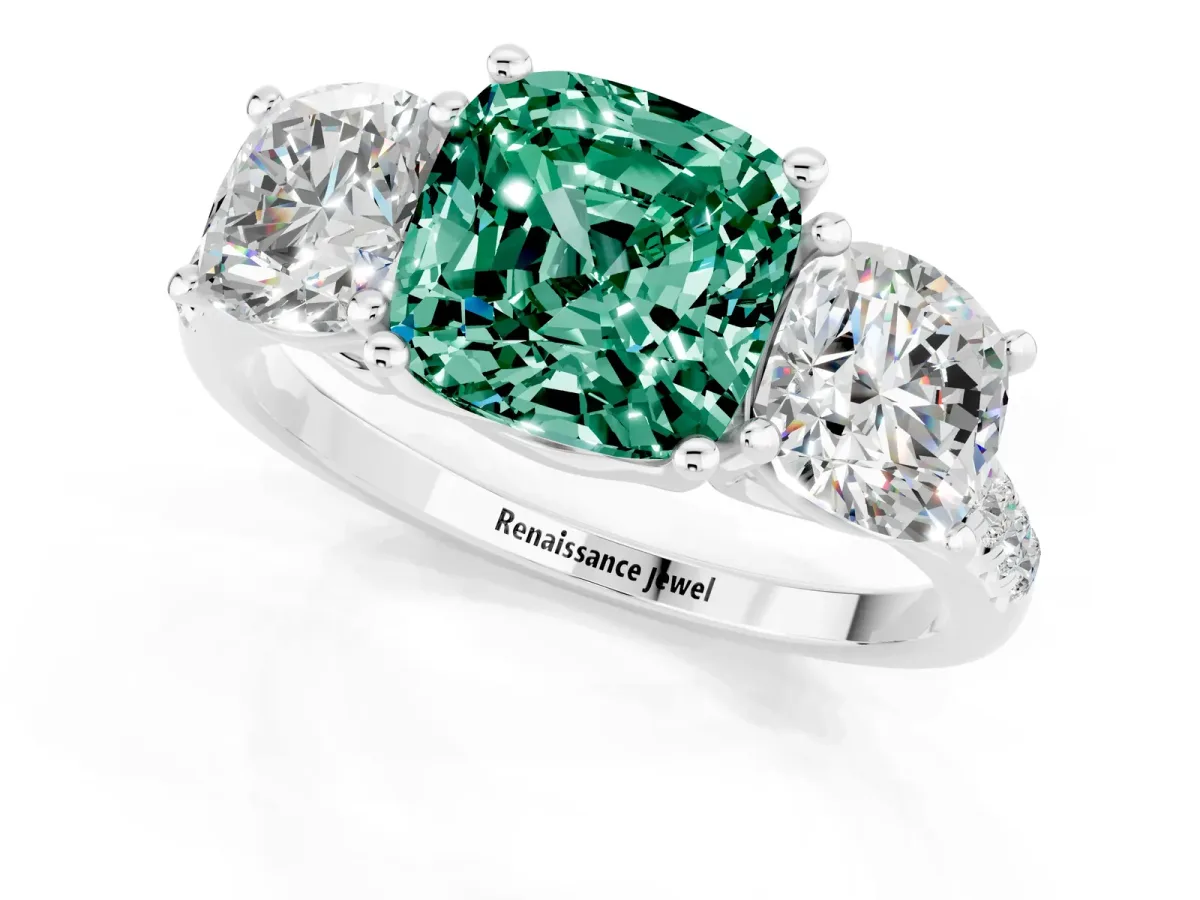 Three-Stone Cushion Cut Green Sapphire Ring with Round Pavé Band and Prong Setting Silver