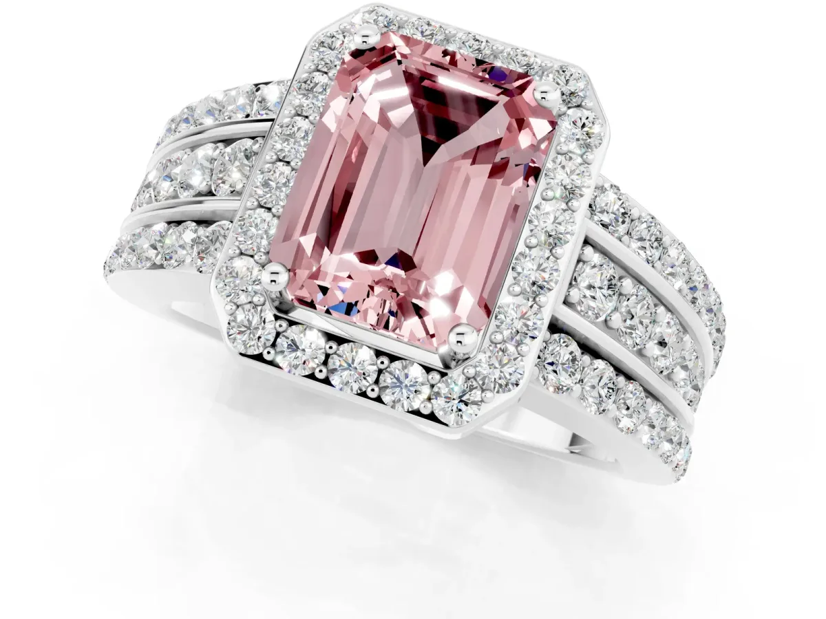 Emerald Cut Halo Morganite Ring with Round Split Shank and Prong Setting White gold