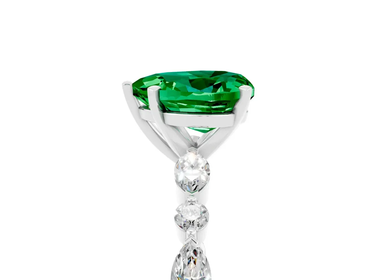Heart Cut Emerald Ring with Marquise and Round Side Stones and Four-Prong Setting Platinum