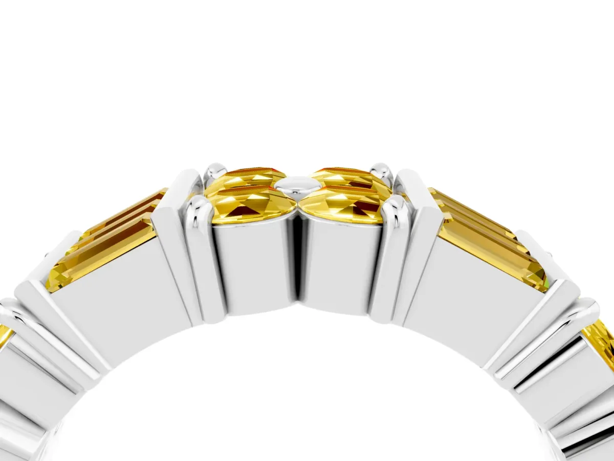 Channel Set Round and Baguette Yellow Sapphire Anniversary Band with Prong Setting Silver