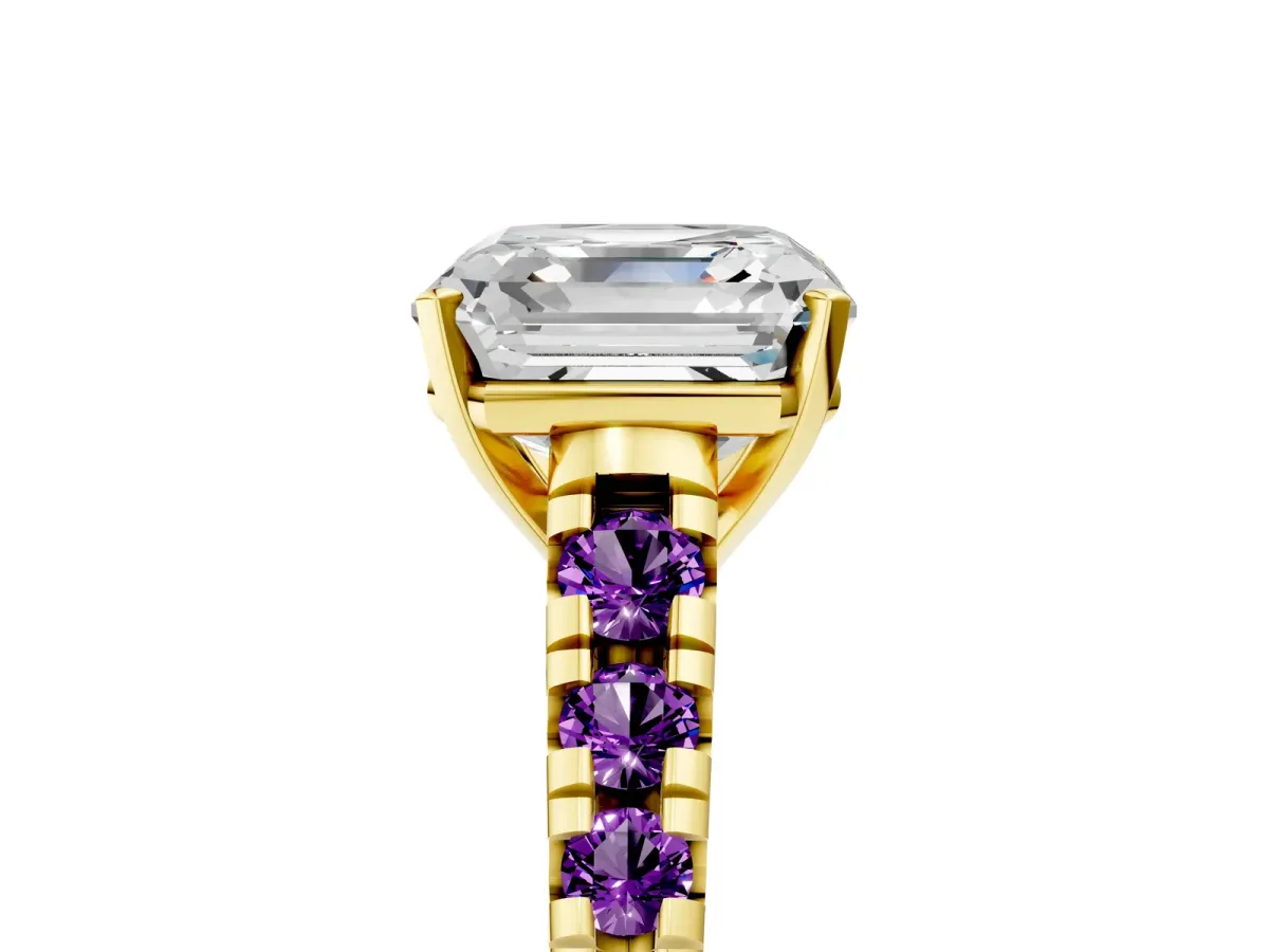 Asscher Cut Diamond Cathedral Solitaire Ring with Round Amethyst Pavé Band Yellow gold