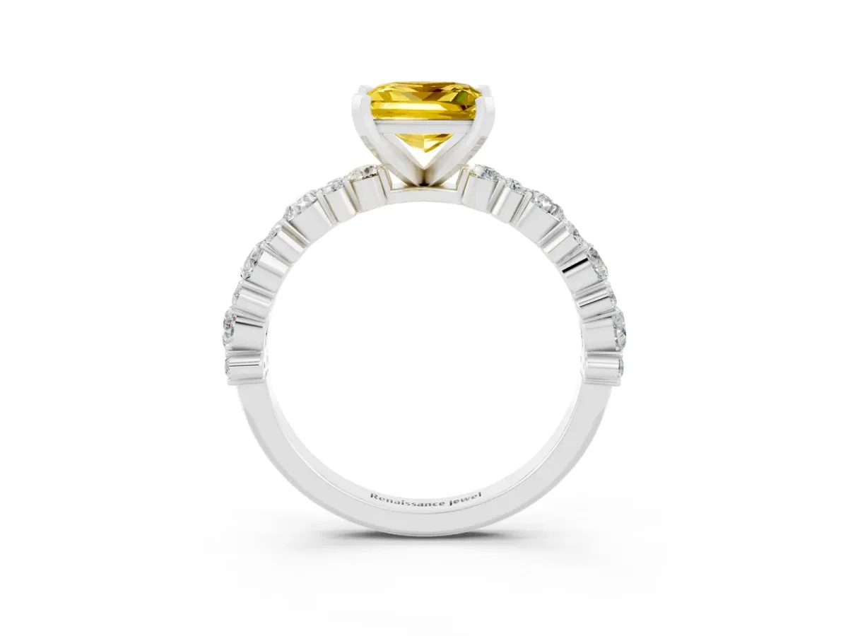 Princess Cut Yellow Sapphire Side Stone Solitaire Ring with Round and Four-Prong Setting Silver