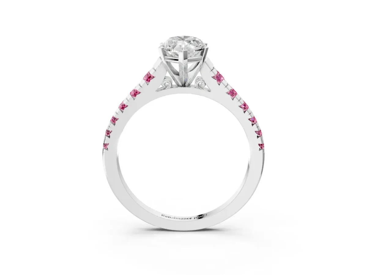 Marquise Cut Diamond Cathedral Solitaire Ring with Round Pink Sapphire Pavé Band Silver