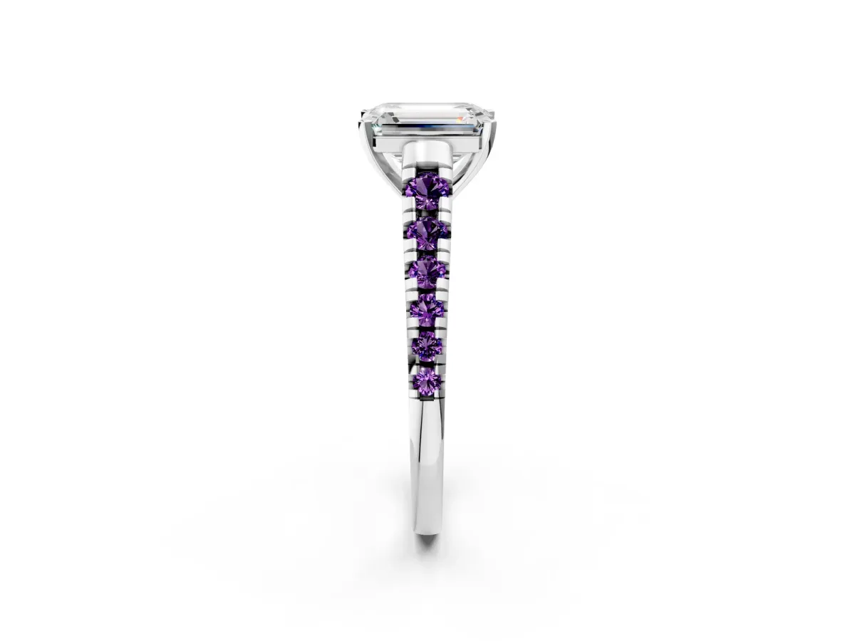 Emerald Cut Diamond Cathedral Solitaire Ring with Round Amethyst Pavé Band Silver