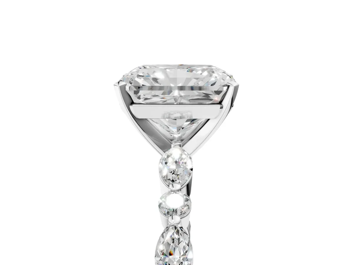 Radiant Cut Diamond Ring with Marquise and Round Moissanite Side Stones and Four-Prong Setting Platinum