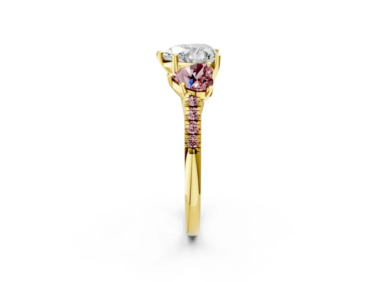 Three-Stone Heart Cut Diamond Ring with Round Morganite Pavé Band and Prong Setting Yellow gold