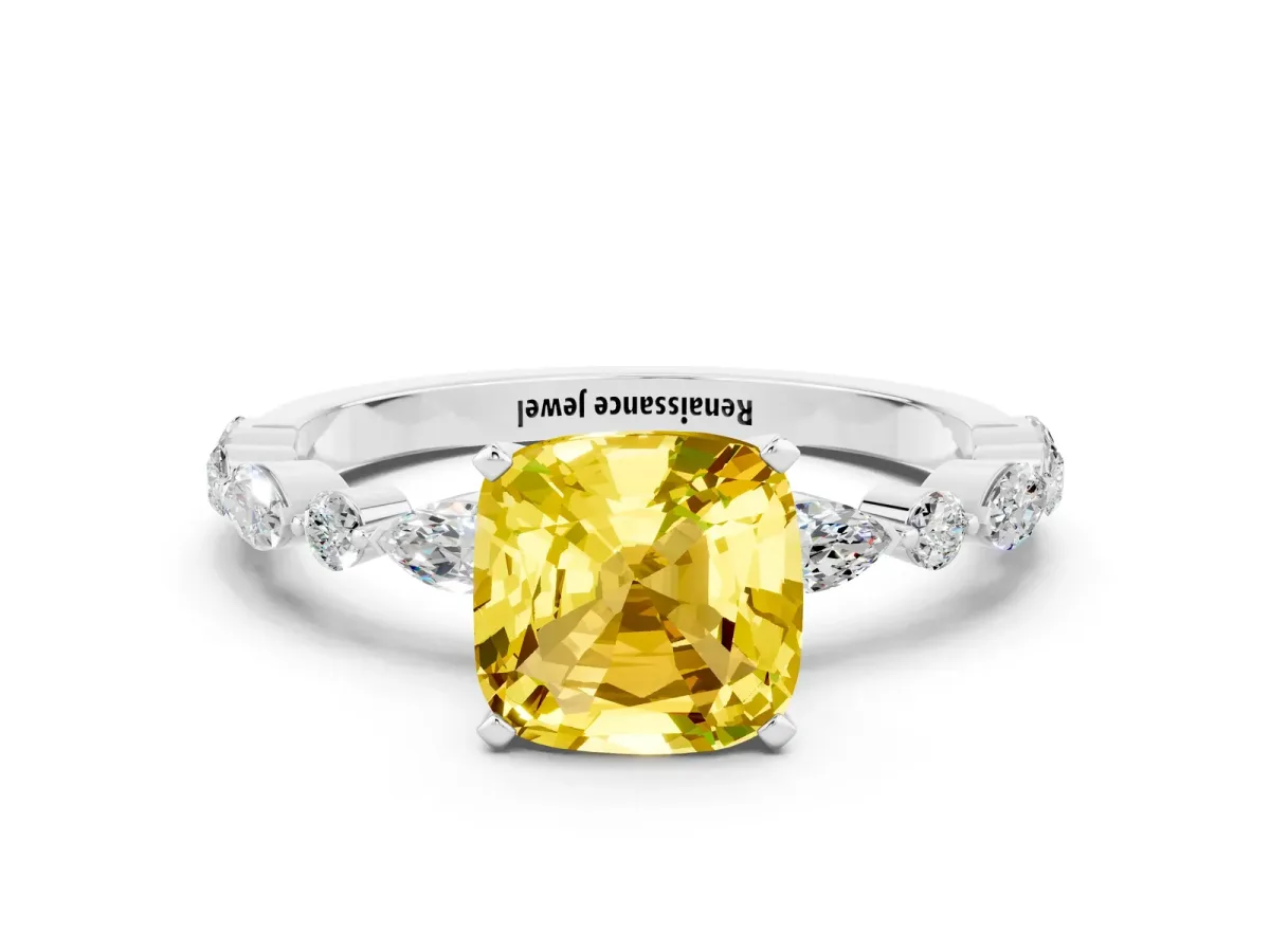 Cushion Cut Yellow Sapphire Ring with Marquise and Round Side Stones and Four-Prong Setting Silver