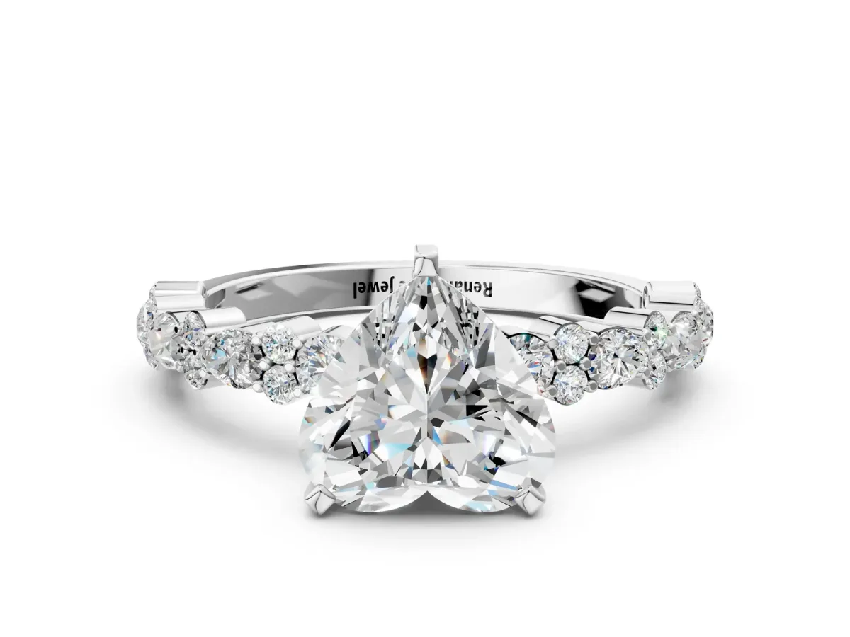 Heart Cut Diamond Side Stone Solitaire Ring with Round Moissanite and Four-Prong Setting Platinum