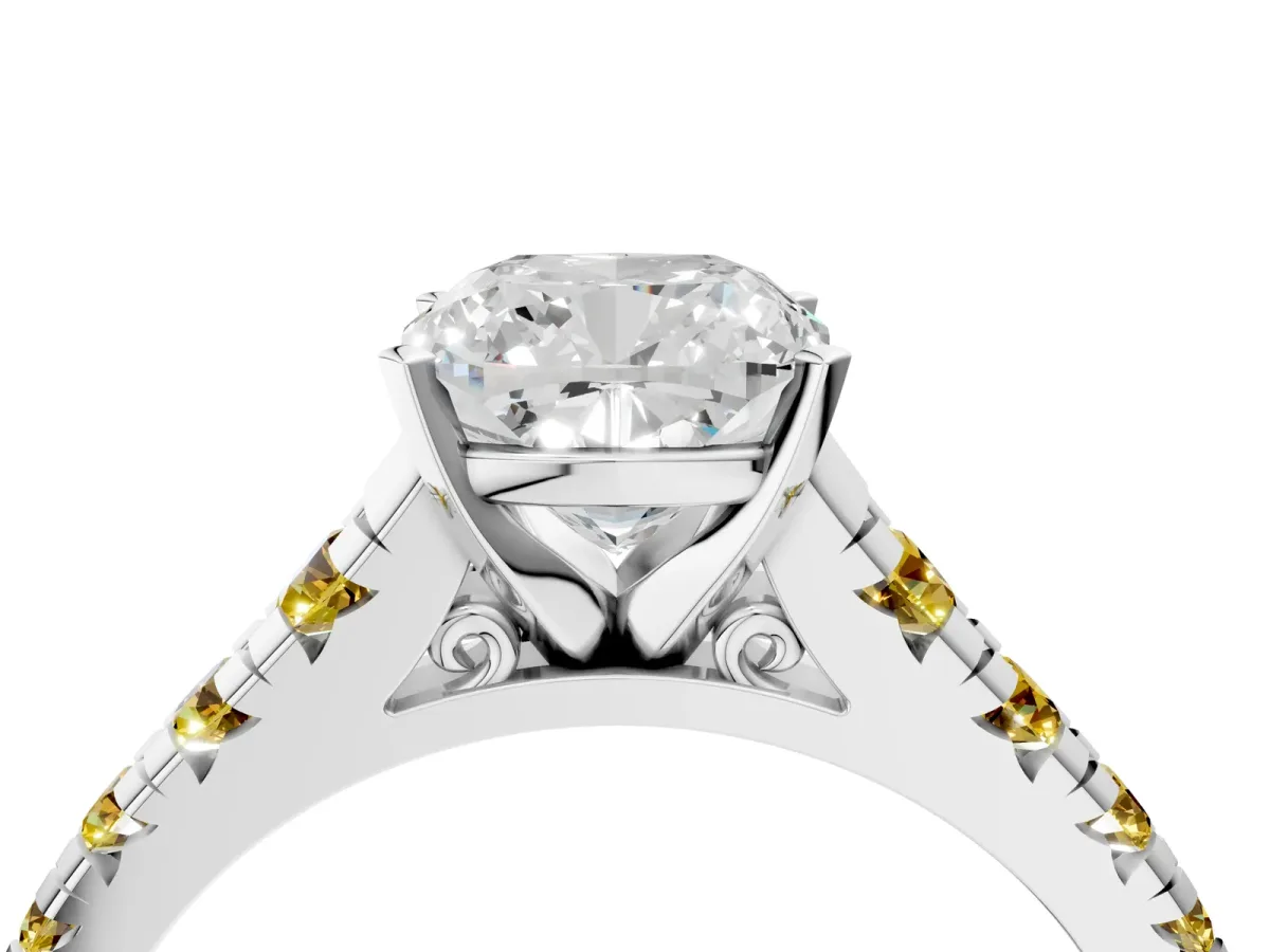 Cushion Cut Diamond Cathedral Solitaire Ring with Round Yellow Sapphire Pavé Band Silver