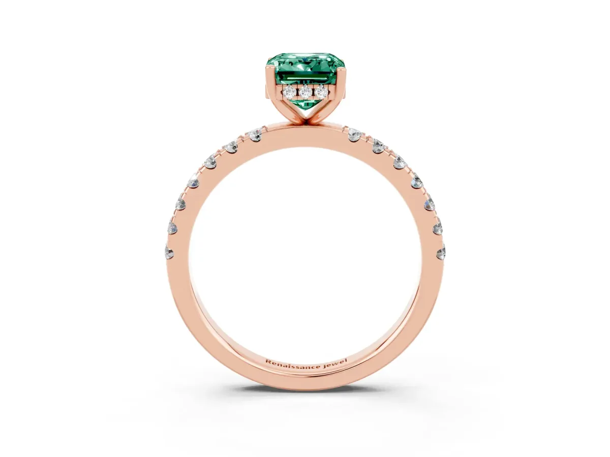 Emerald Cut Green Sapphire Pave Band Solitaire Ring with Round and Prong Setting Rose gold