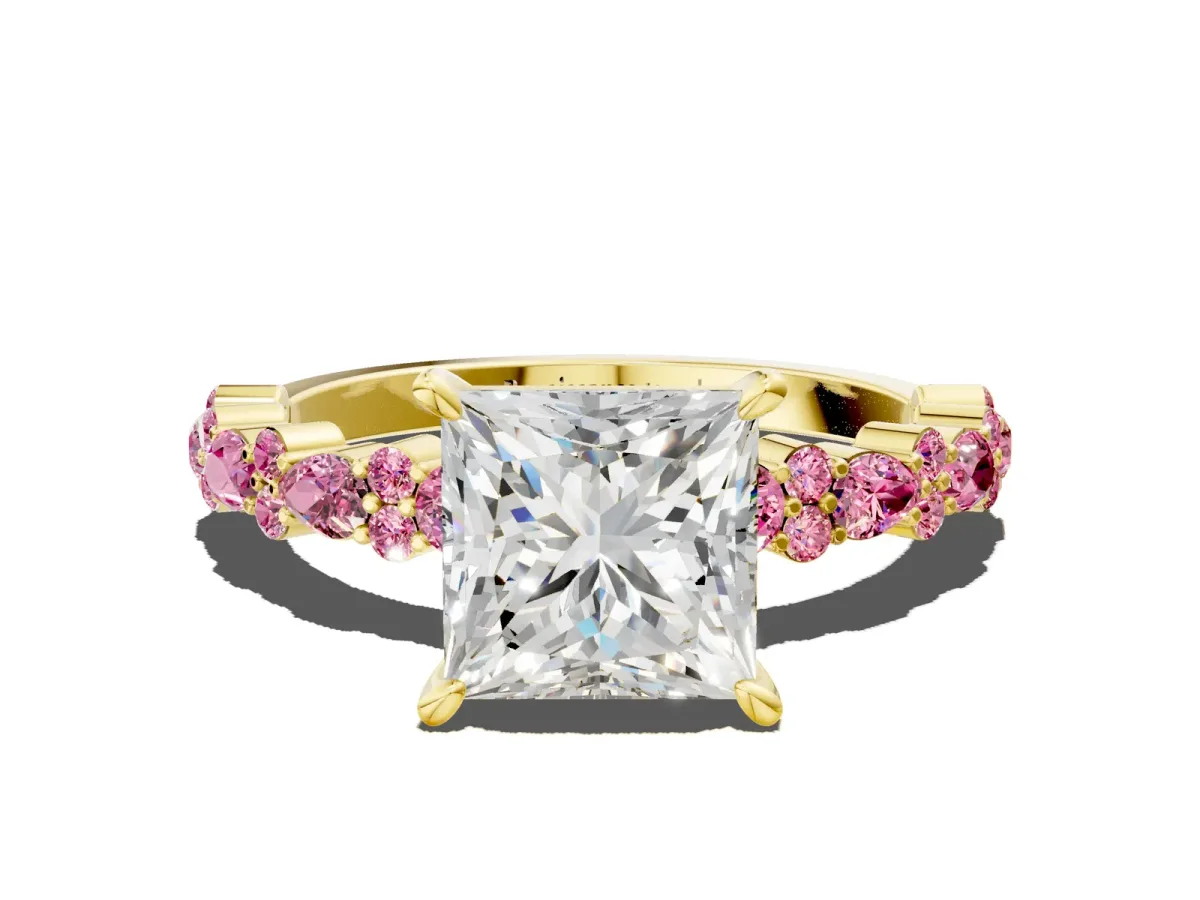 Princess Cut Diamond Side Stone Solitaire Ring with Round Pink Sapphire and Four-Prong Setting Yellow gold