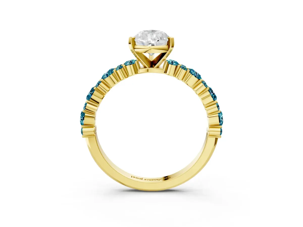 Pear Cut Diamond Side Stone Solitaire Ring with Round Blue Topaz and Four-Prong Setting Yellow gold
