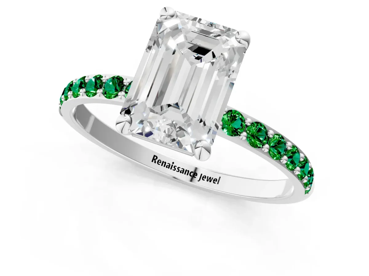 Emerald Cut Diamond Solitaire Ring with Round Emerald Pavé Band and Prong Setting White gold