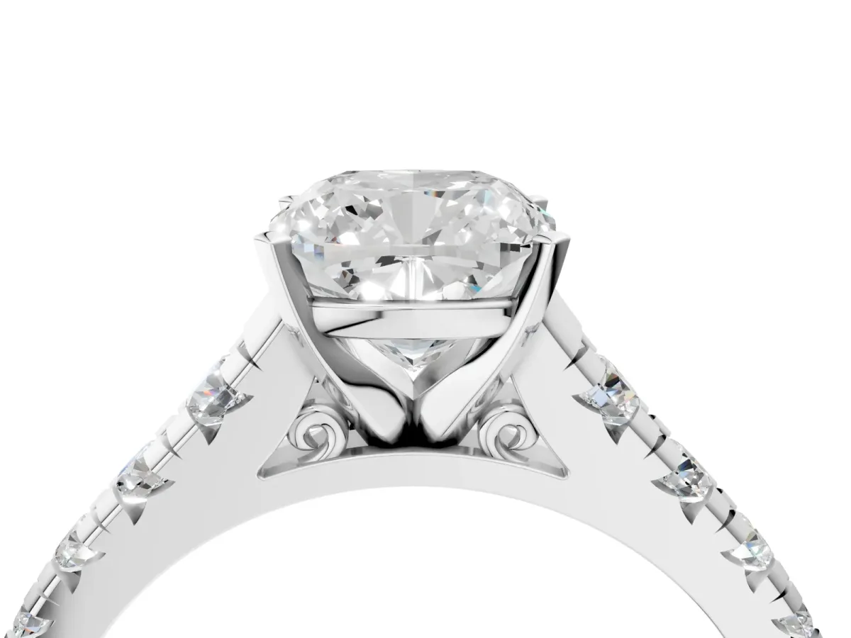 Cushion Cut Diamond Cathedral Solitaire Ring with Round Moissanite Pavé Band Silver