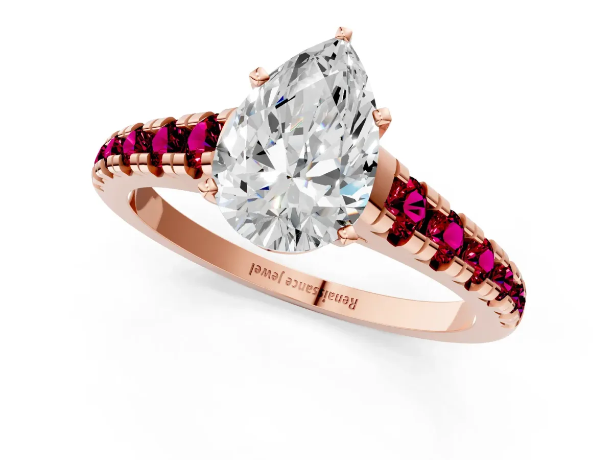 Pear Cut Diamond Cathedral Solitaire Ring with Round Garnet Pavé Band Rose gold