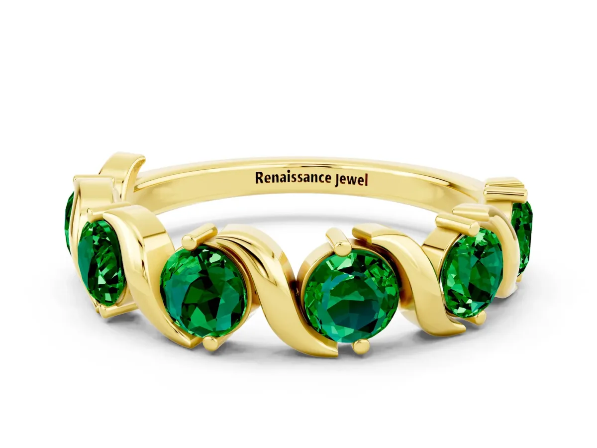 Round Emerald Half Eternity Band with Wave Prong Setting Yellow gold