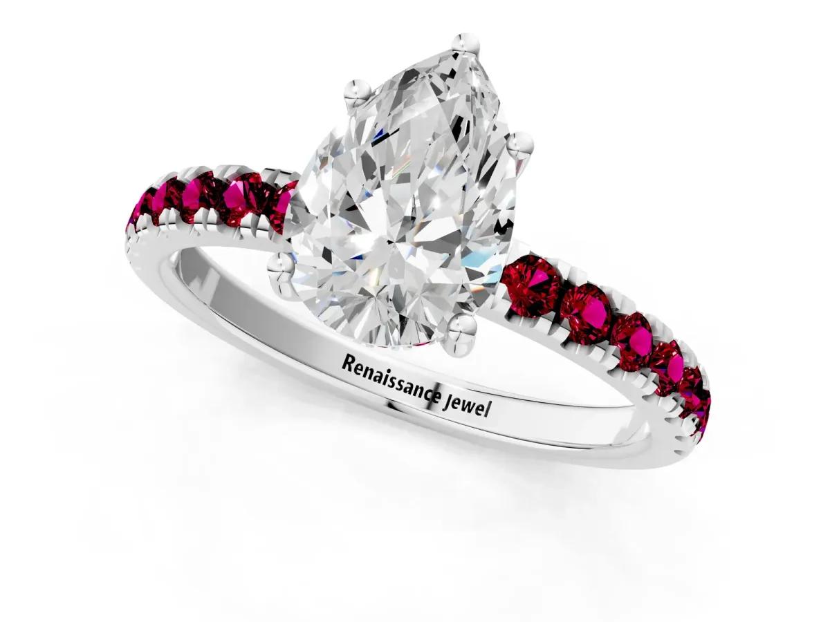 Pear Cut Diamond Pave Band Solitaire Ring with Round Garnet and Prong Setting Silver