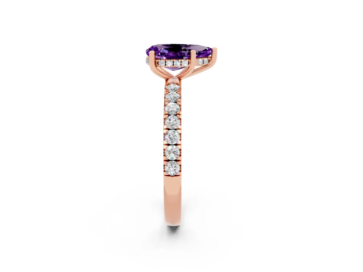 Pear Cut Amethyst Pave Band Solitaire Ring with Round and Prong Setting Rose gold