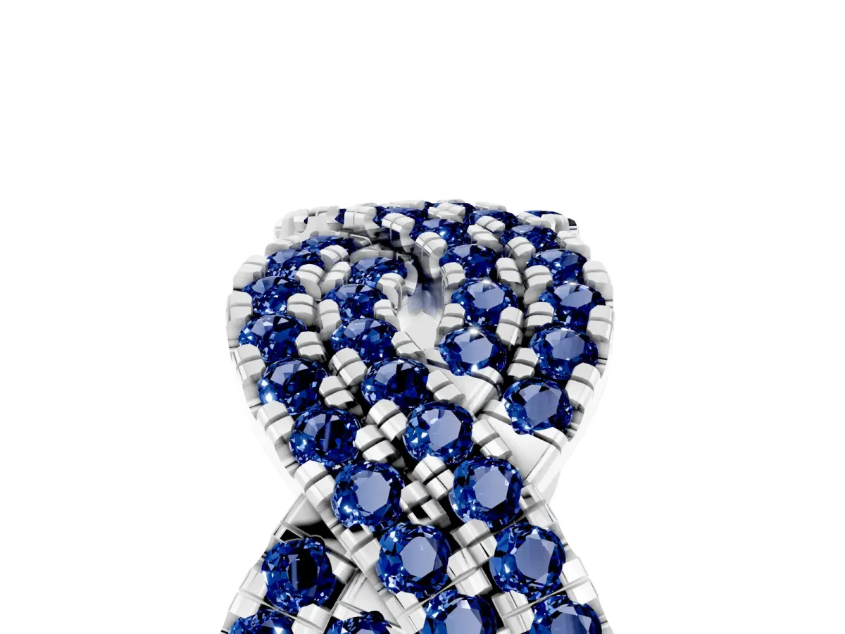 Pavé Round Blue Sapphire Infinity Twist Band with Shared Prong Setting White gold