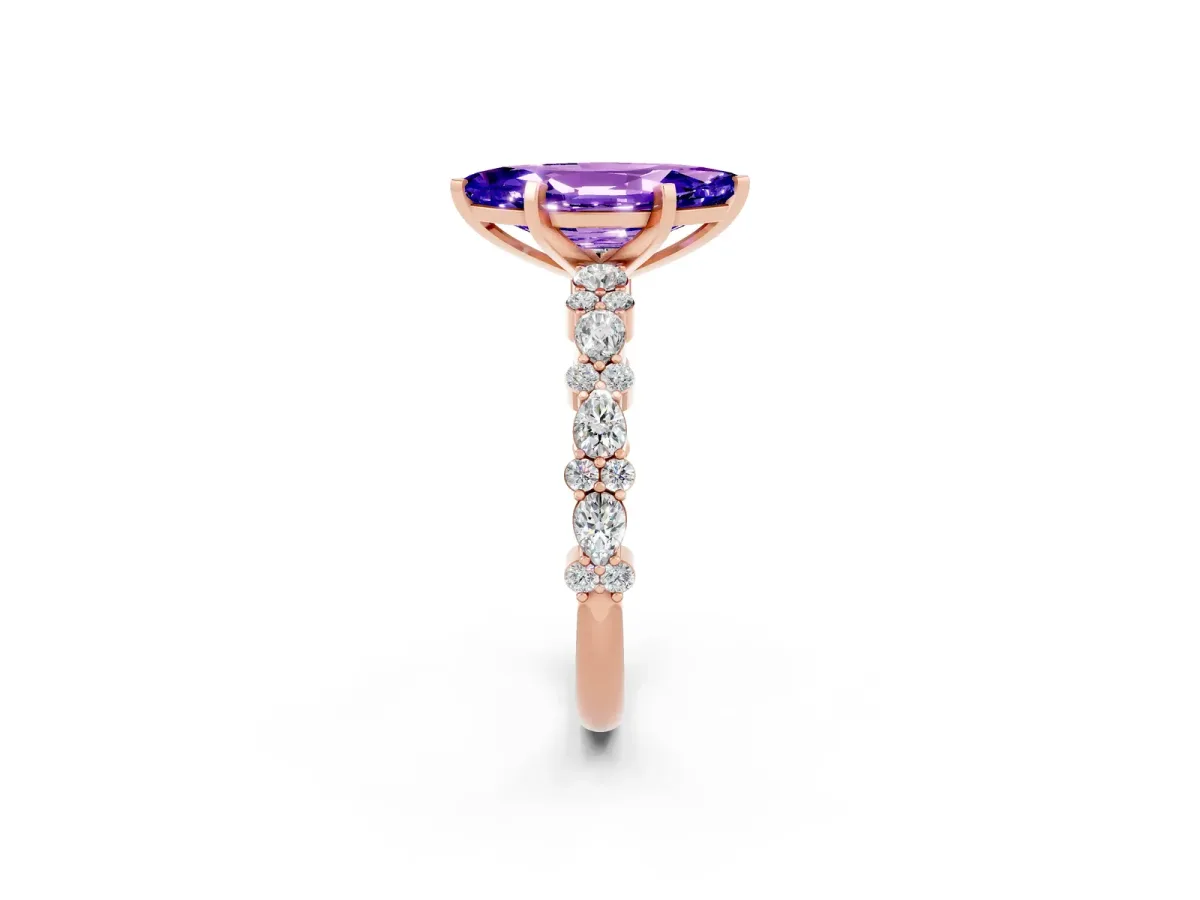 Marquise Cut Tanzanite Side Stone Solitaire Ring with Round and Four-Prong Setting Rose gold
