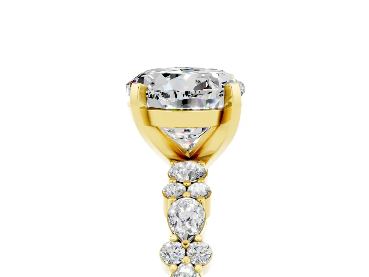 Round Cut Moissanite Side Stone Solitaire Ring with Round and Four-Prong Setting Yellow gold