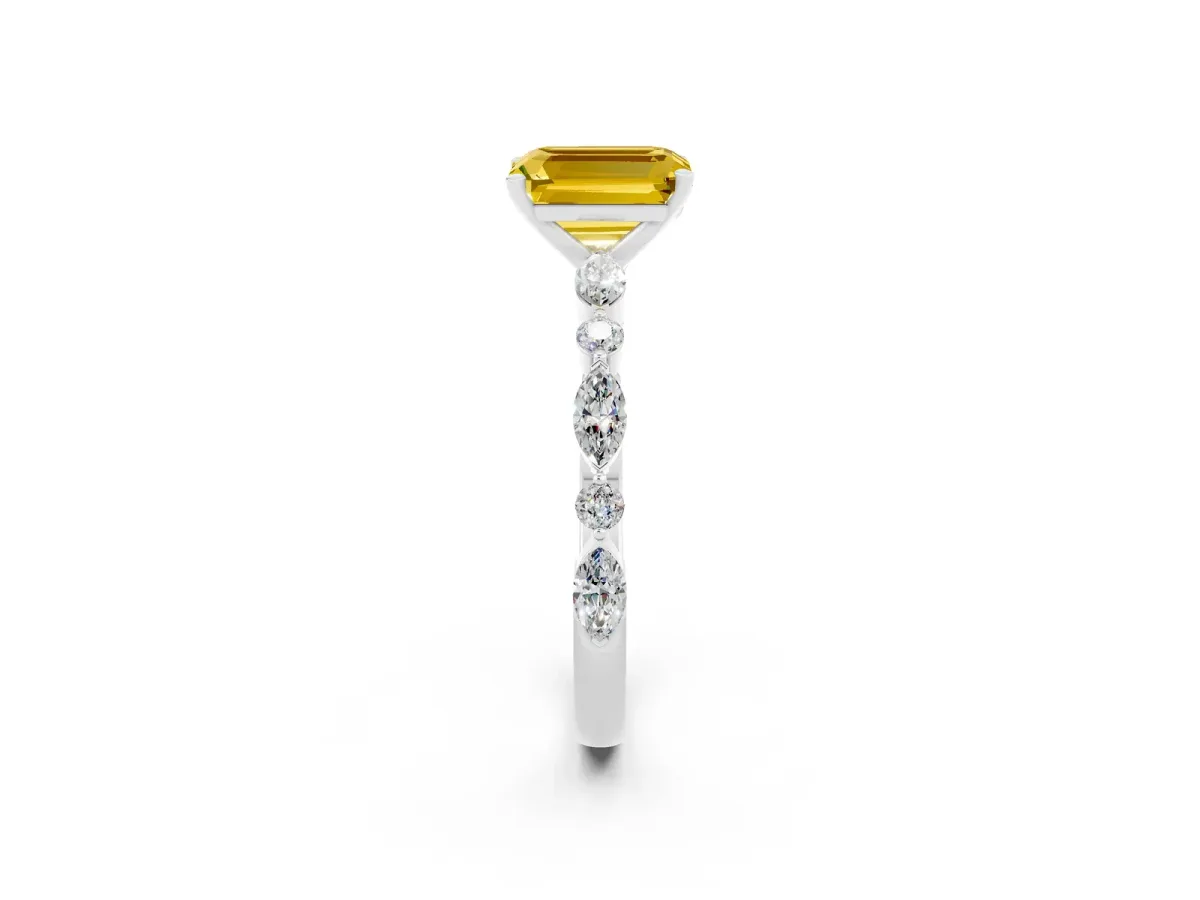 Emerald Cut Yellow Sapphire Ring with Marquise and Round Side Stones and Four-Prong Setting Platinum