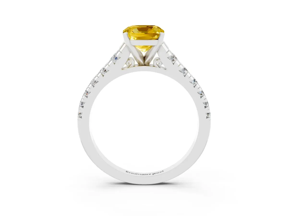 Cushion Cut Yellow Sapphire Cathedral Solitaire Ring with Round Pavé Band Silver