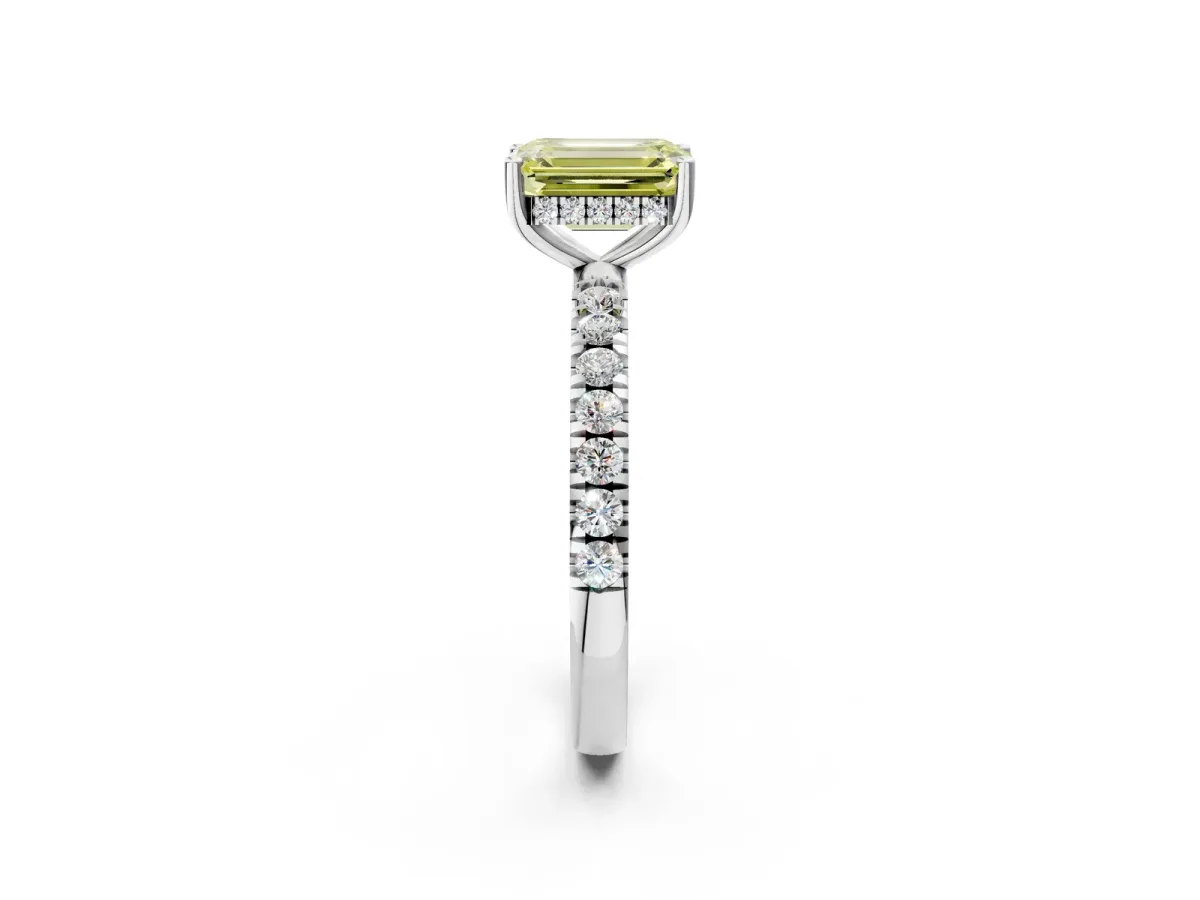 Fancy Yellow Emerald Cut Diamond Pave Band Solitaire Ring with Round and Prong Setting Silver
