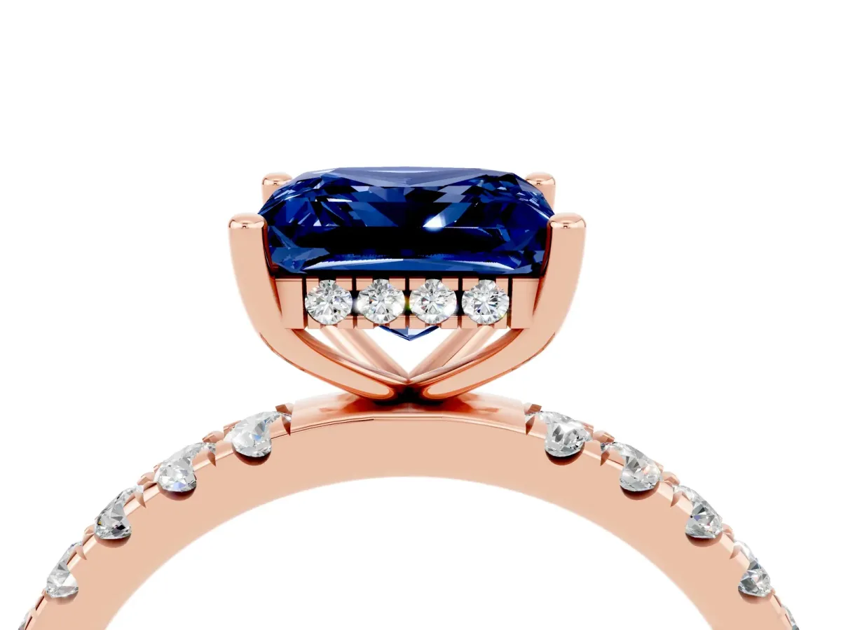 Princess Cut Blue Sapphire Pave Band Solitaire Ring with Round and Prong Setting Rose gold