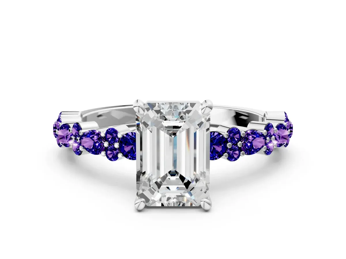 Emerald Cut Diamond Side Stone Solitaire Ring with Round Tanzanite and Four-Prong Setting White gold