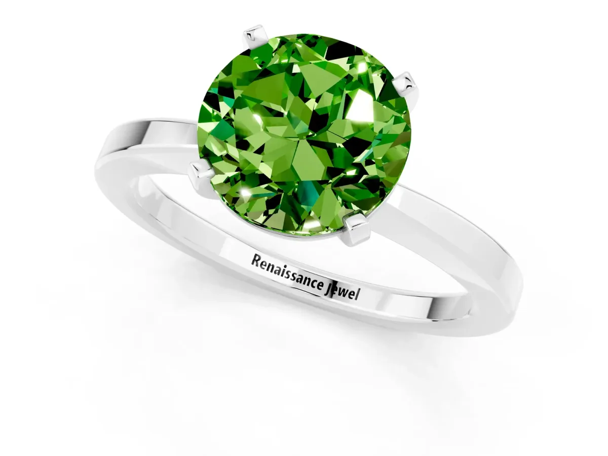 Round Cut Peridot Solitaire Engagement Ring with Classic Band and Four-Prong Setting White gold