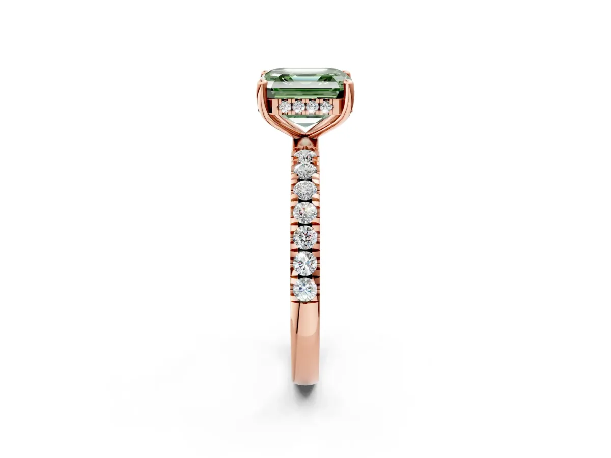 Fancy Green Asscher Cut Diamond Pave Band Solitaire Ring with Round and Prong Setting Rose gold