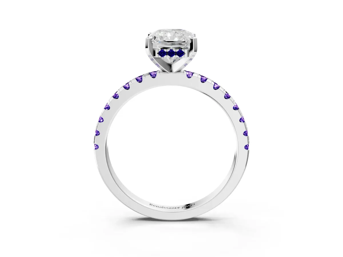 Radiant Cut Diamond Solitaire Ring with Round Tanzanite Pavé Band and Four-Prong Setting Silver