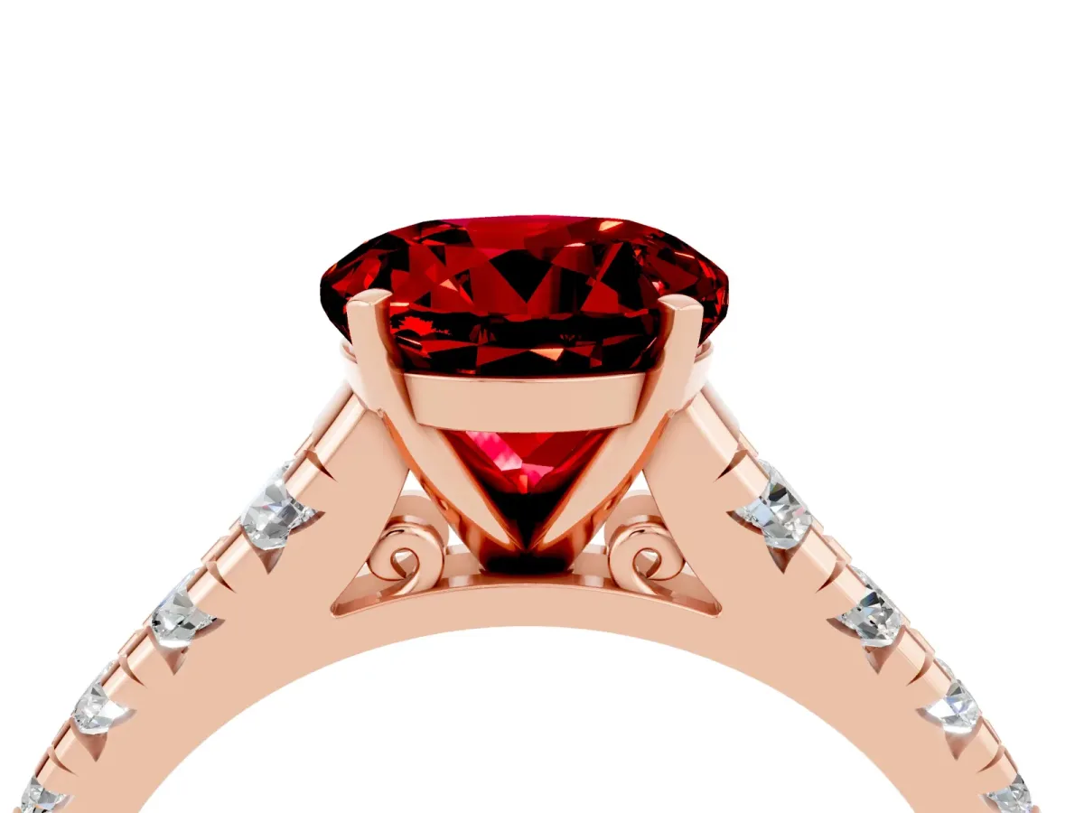 Round Cut Ruby Cathedral Solitaire Ring with Round Pavé Band Rose gold