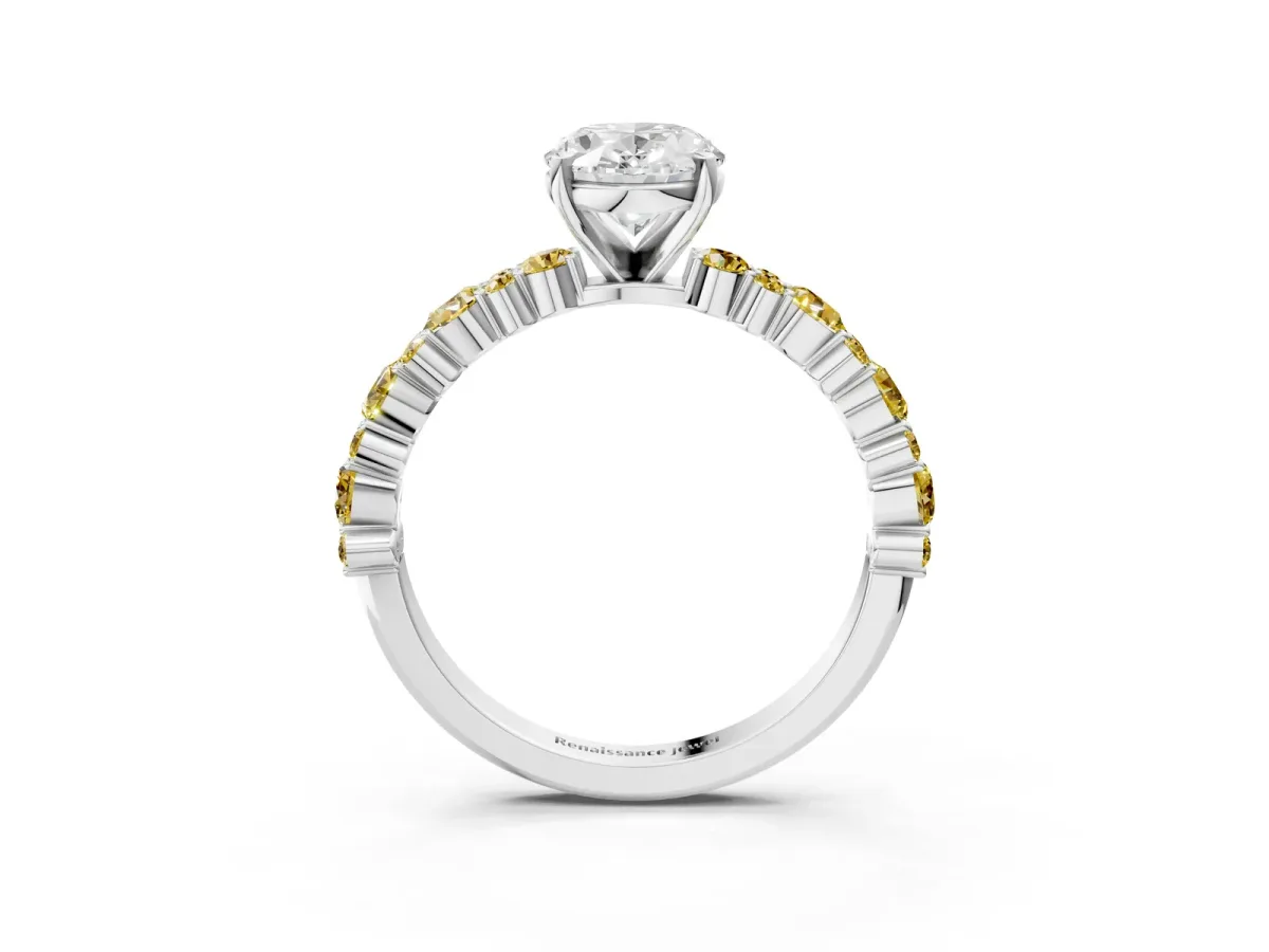 Oval Cut Diamond Side Stone Solitaire Ring with Round Yellow Sapphire and Four-Prong Setting White gold