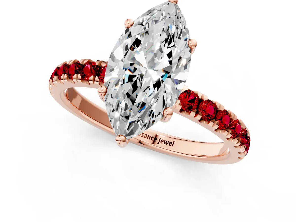 Marquise Cut Diamond Pave Band Solitaire Ring with Round Ruby and Prong Setting Rose gold
