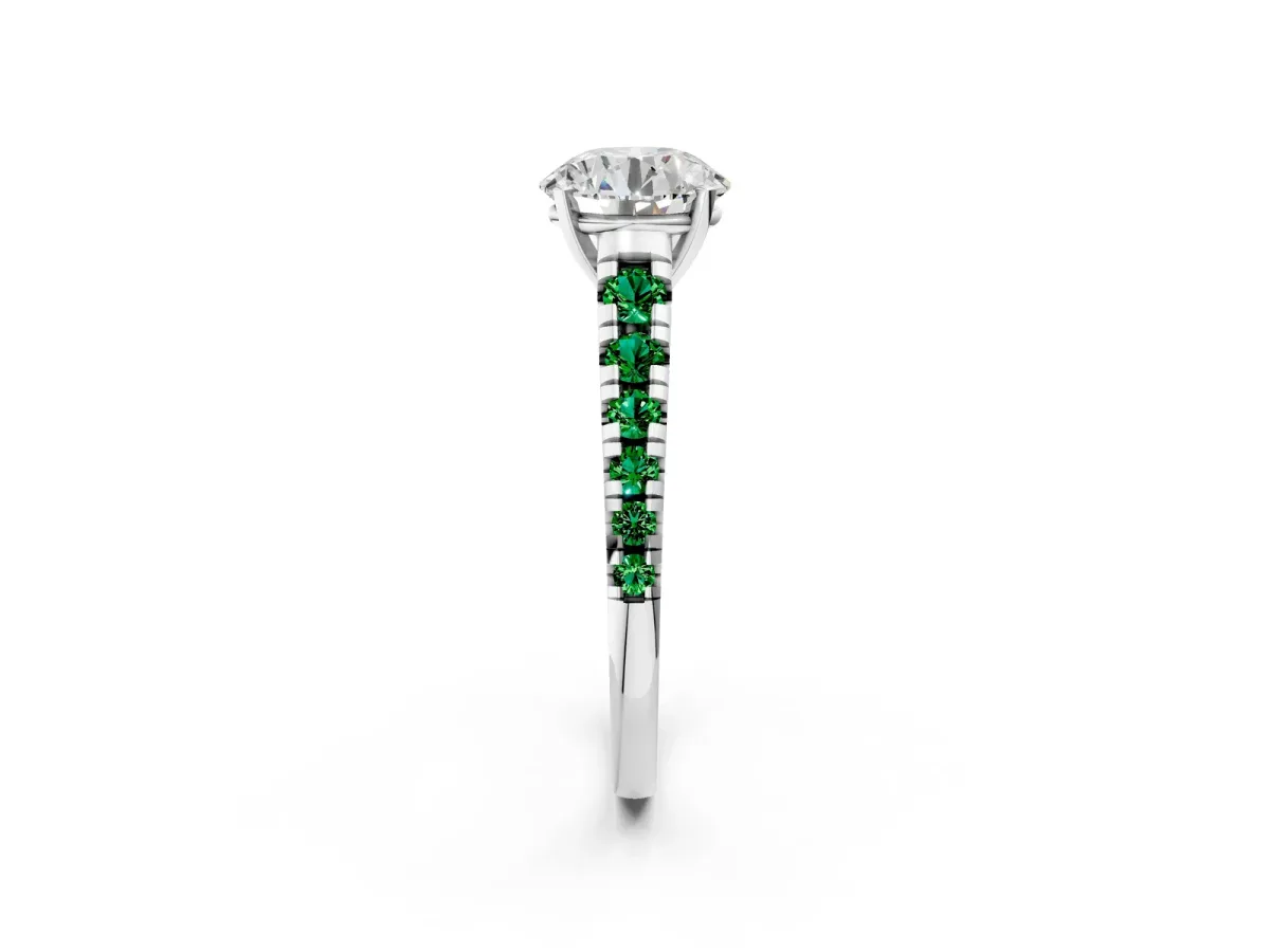 Round Cut Diamond Cathedral Solitaire Ring with Round Emerald Pavé Band White gold