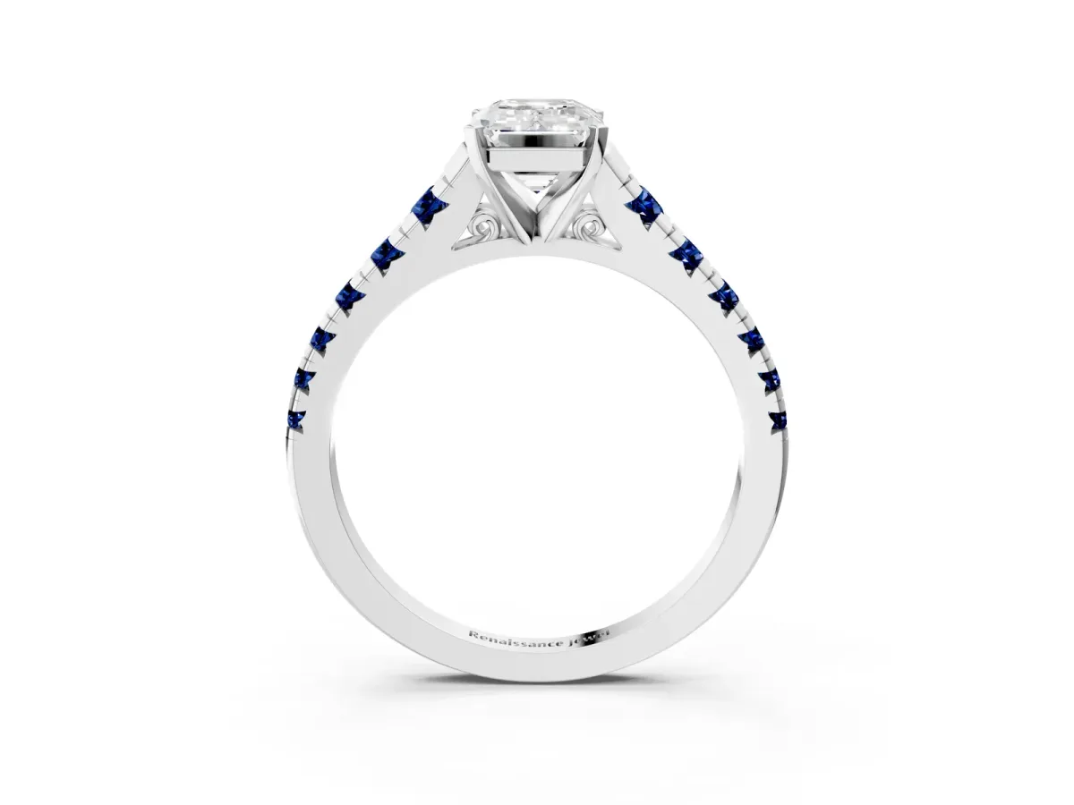 Emerald Cut Diamond Cathedral Solitaire Ring with Round Blue Sapphire Pavé Band Silver