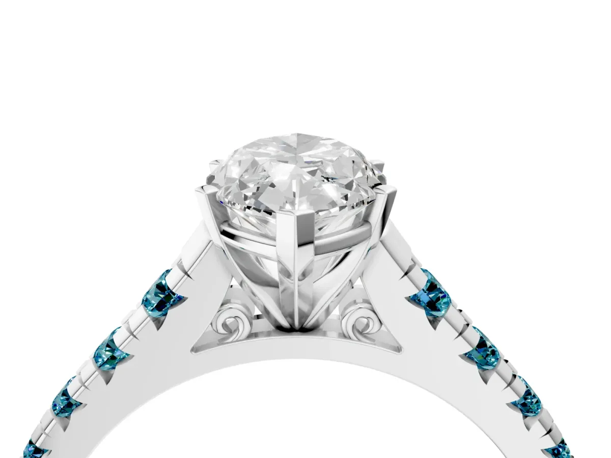 Marquise Cut Diamond Cathedral Solitaire Ring with Round Blue Topaz Pavé Band Silver