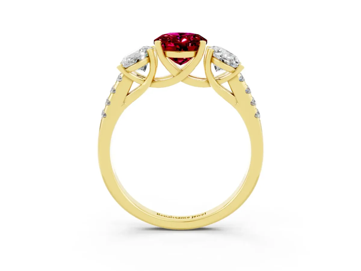 Three-Stone Oval Cut Garnet Ring with Round Pavé Band and Prong Setting Yellow gold