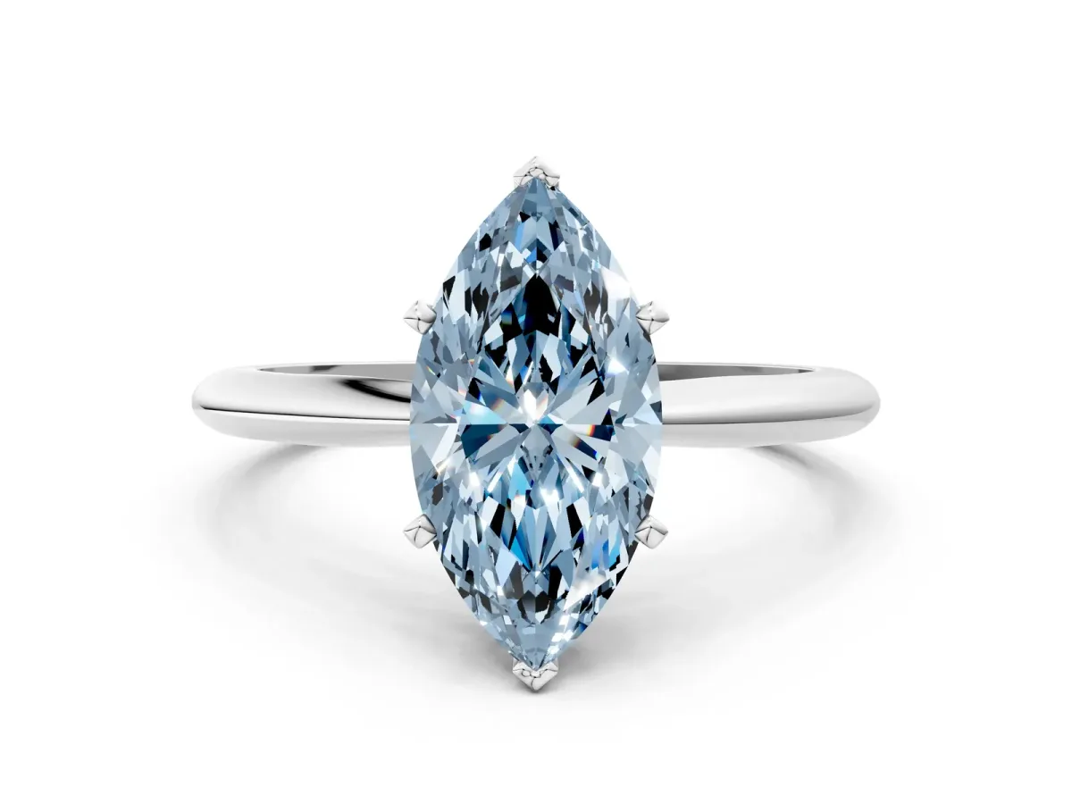 Fancy Blue Marquise Cut Diamond Solitaire Engagement Ring with Classic Band and Four-Prong Setting Silver