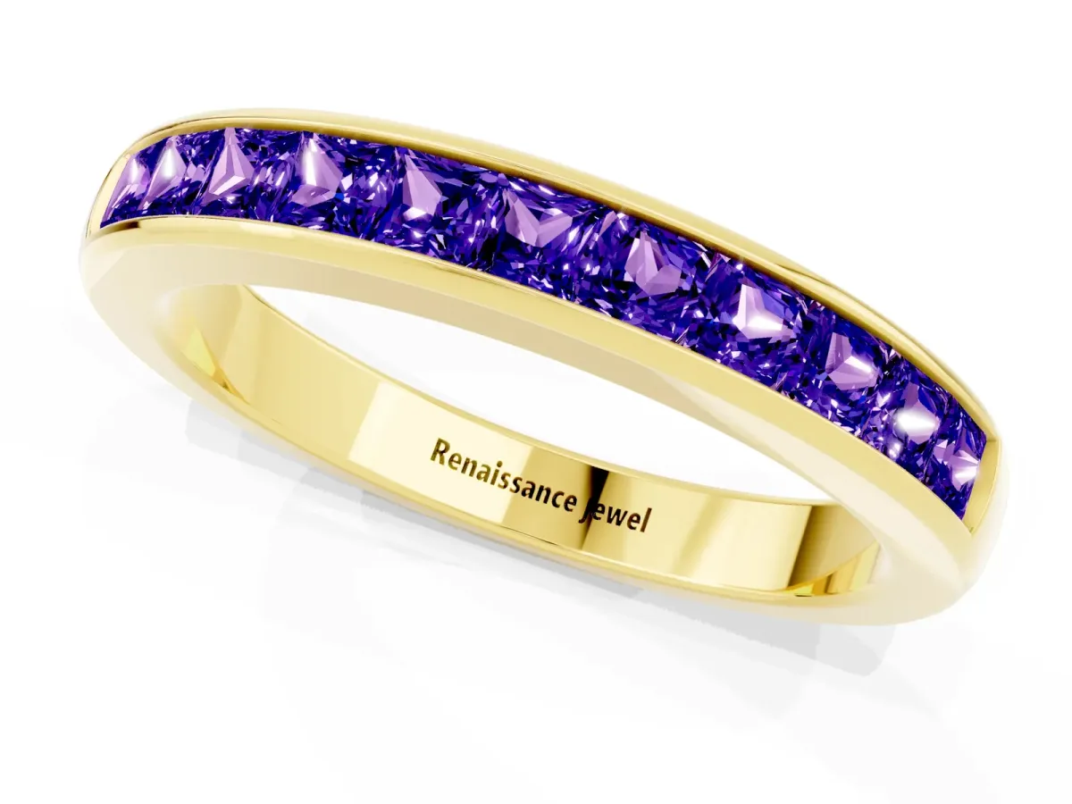 Channel Set Princess Cut Tanzanite Eternity Band Yellow gold