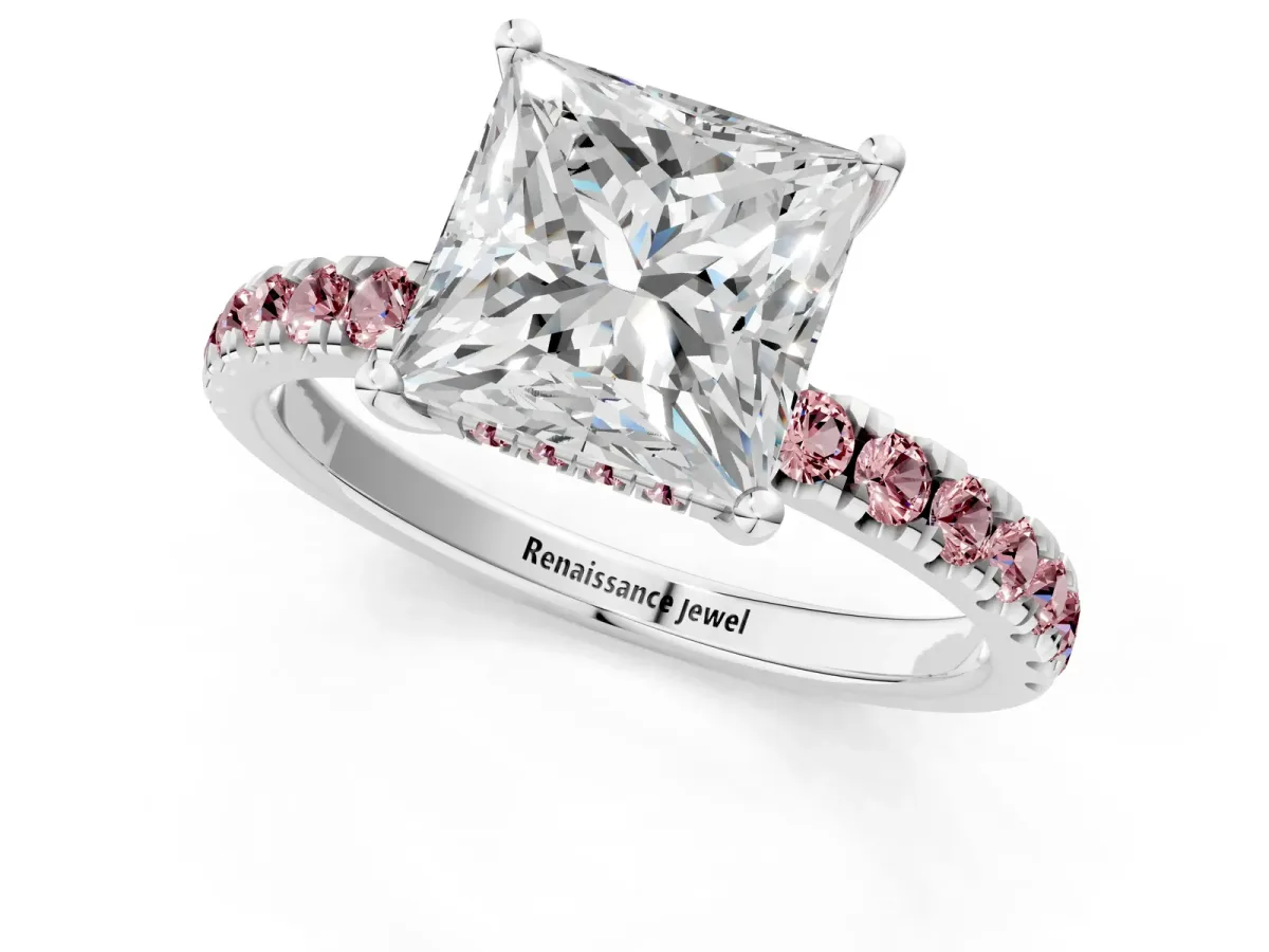Princess Cut Diamond Pave Band Solitaire Ring with Round Morganite and Prong Setting Silver
