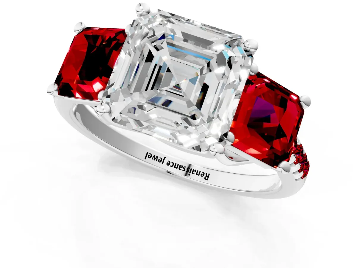 Three-Stone Asscher Cut Diamond Ring with Round Ruby Pavé Band and Prong Setting White gold