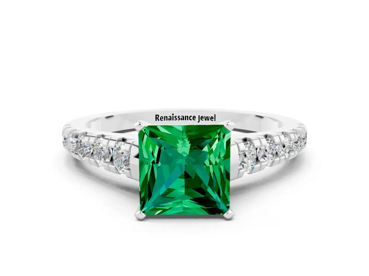 Princess Cut Emerald Cathedral Solitaire Ring with Round Pavé Band Silver