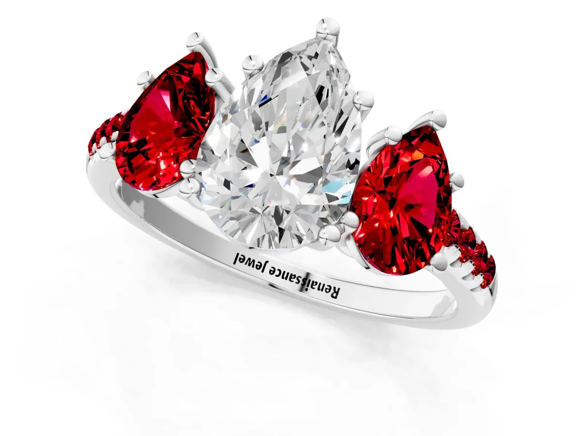 Three-Stone Pear Cut Diamond Ring with Round Ruby Pavé Band and Prong Setting Platinum