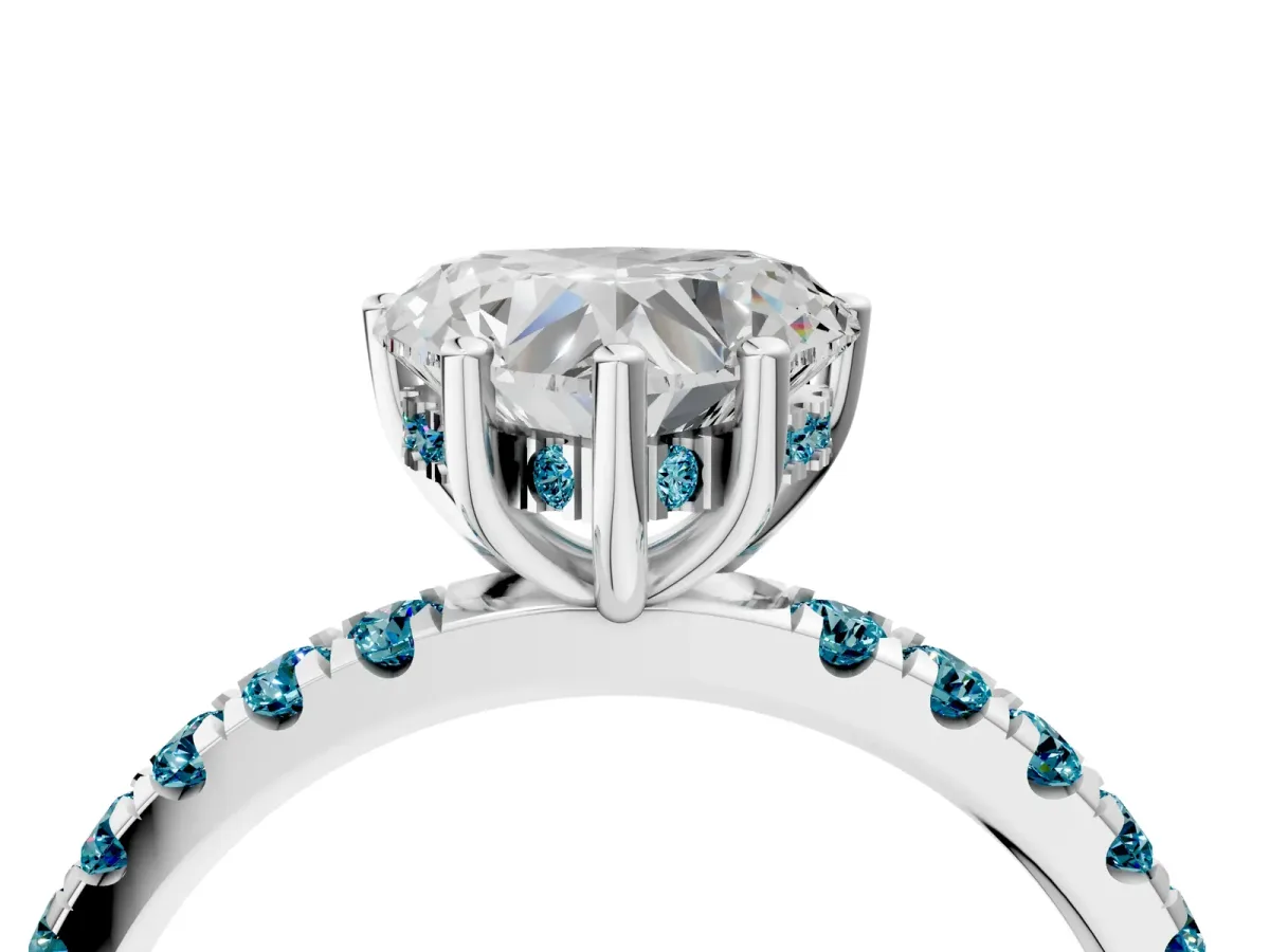 Heart Cut Diamond Pave Band Solitaire Ring with Round Blue Topaz and Prong Setting Silver
